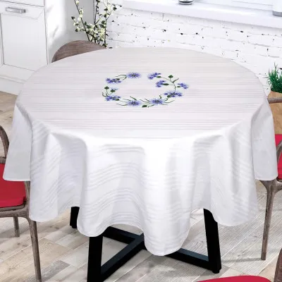 Скатертина бавовна з вишивкою біла кругла 004 Волошки ТМ Ярослав