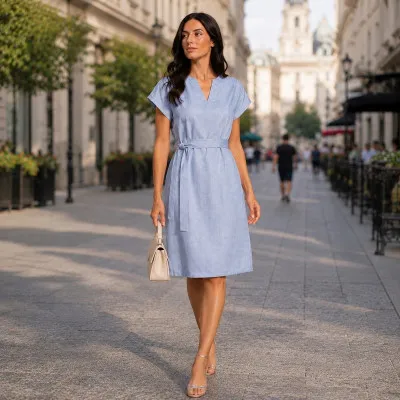 Dress linen m.F-495 with a belt light blue TM Yaroslav